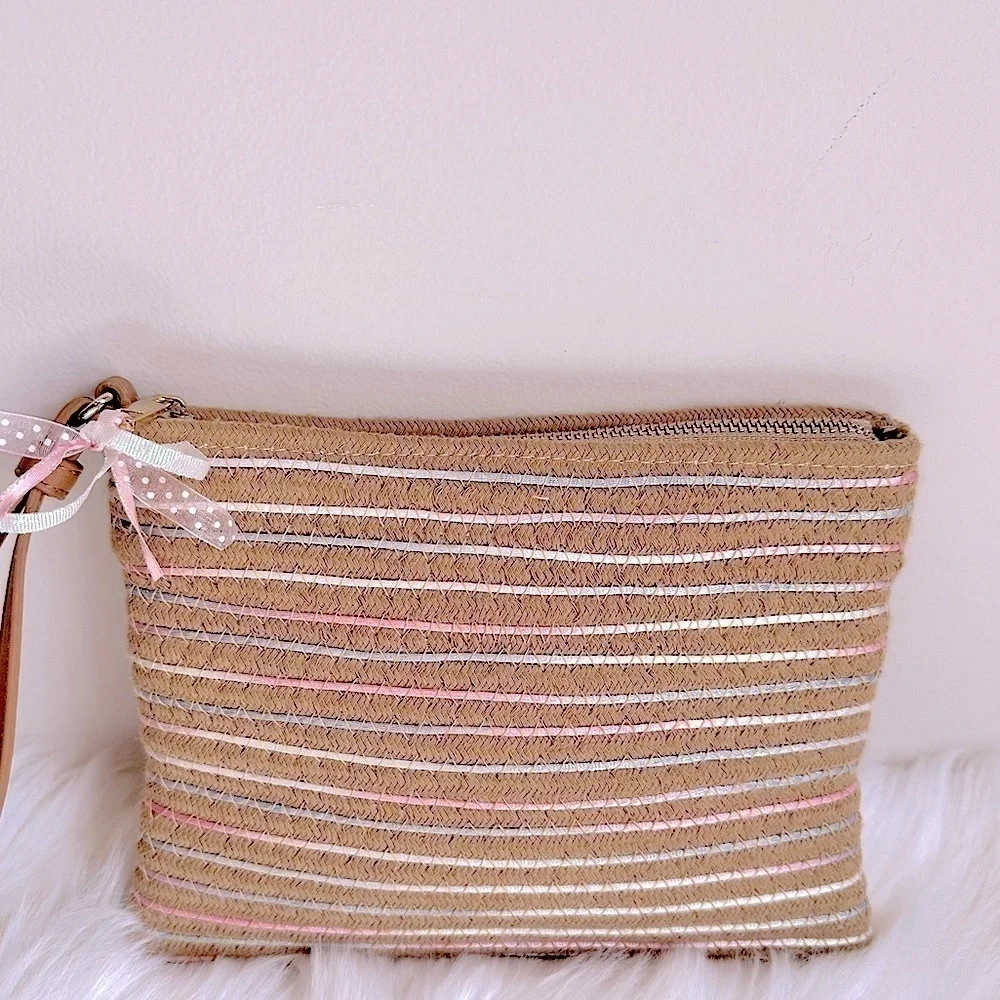 Woven Rattan Clutch Purse/Jewelry Bag with Pink and Blue Ribbon **Like New**